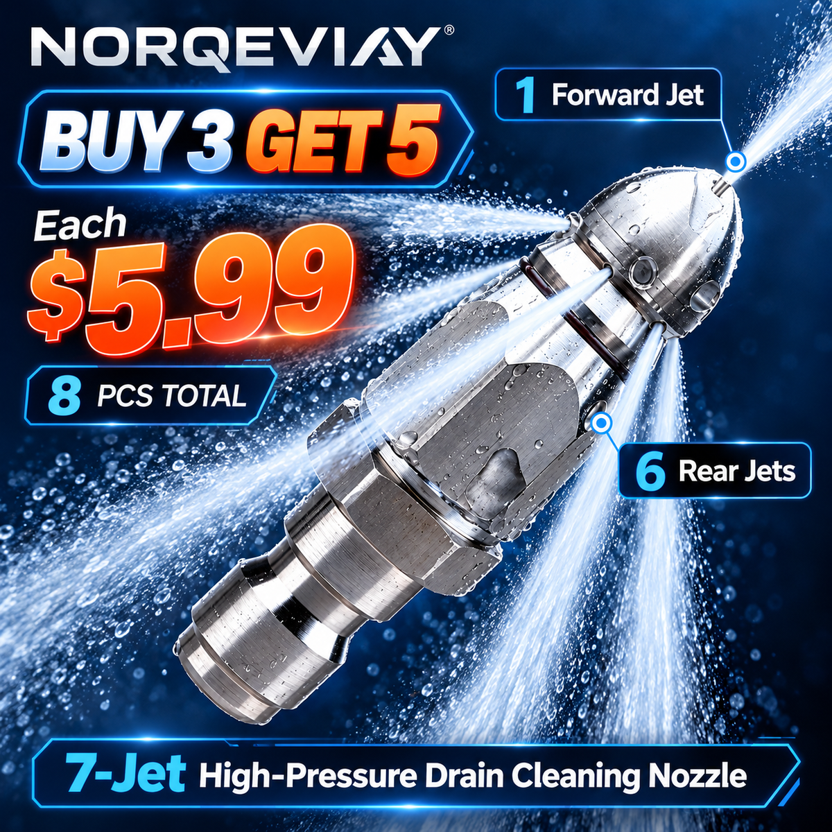 🚿 7-Jet High-Pressure Drain Cleaning Nozzle – 1 Forward + 6 Rear Jets